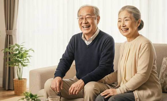 高齢の夫婦が笑顔でソファに座っている画像